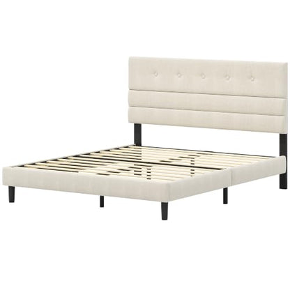 Queen Size Upholstered Bed Frame with Linen Fabric Headboard - Beige, Adjustable Height