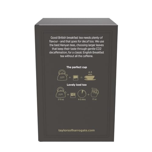 Taylors of Harrogate Decaffeinated Breakfast, Black Tea, Pillow Bags, 50 Count, (Pack of 1) Rich, Bright & Balanced, Decaffeinated, Enjoy Hot or Iced, 50 Teabags