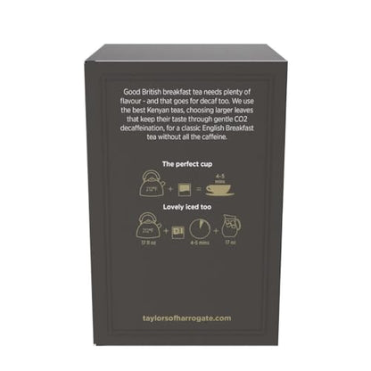 Taylors of Harrogate Decaffeinated Breakfast, Black Tea, Pillow Bags, 50 Count, (Pack of 1) Rich, Bright & Balanced, Decaffeinated, Enjoy Hot or Iced, 50 Teabags