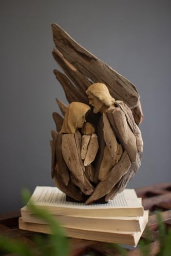 Driftwood Holy Family Nativity Figurine with Protective Wing - Rustic Religious Decor