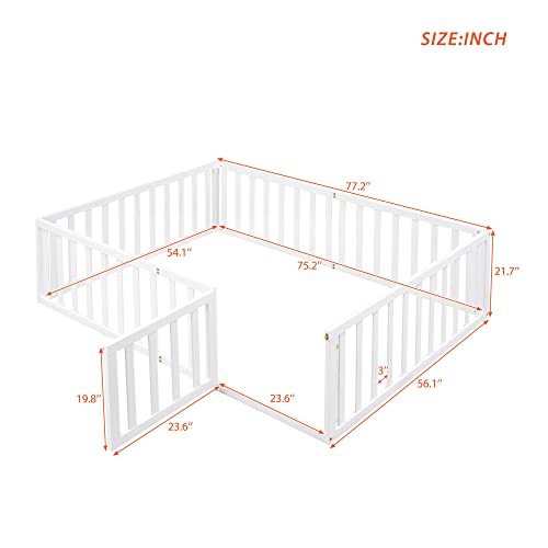 Full Size Montessori Floor Bed with Rails & Small Door - White, Pine