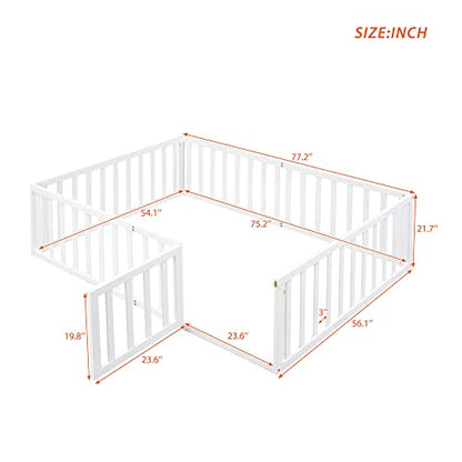 Full Size Montessori Floor Bed with Rails & Small Door - White, Pine