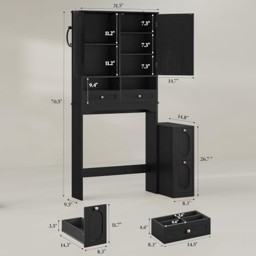 Black Over Toilet Storage Cabinet with Mobile Cart - Bathroom Organizer