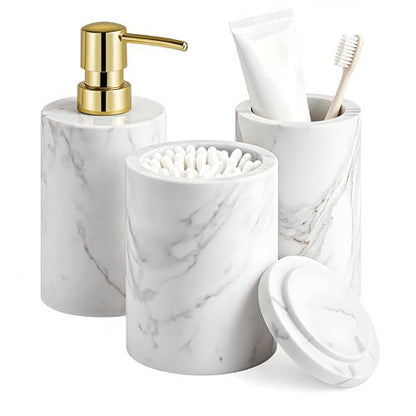 White Marble Bathroom Accessories Set - 3 Pieces for Home Decor