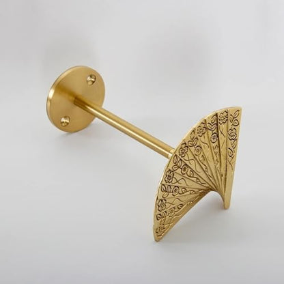 Vintage Brass Curtain Holdbacks with Chinese Folding Fan Pattern - Wall Mount Hooks