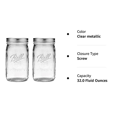 Ball Wide Mouth Glass Mason Jars with Lids and Bands, Used for Canning, Pickling, Juice, Jam, Jelly, Quart Size 32 Ounce (Pack of 2)