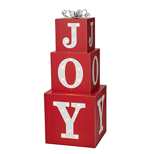 Red Lighted Wooden Joy Porch Sign with 3 Nesting Decorative Boxes for Christmas Home Decor