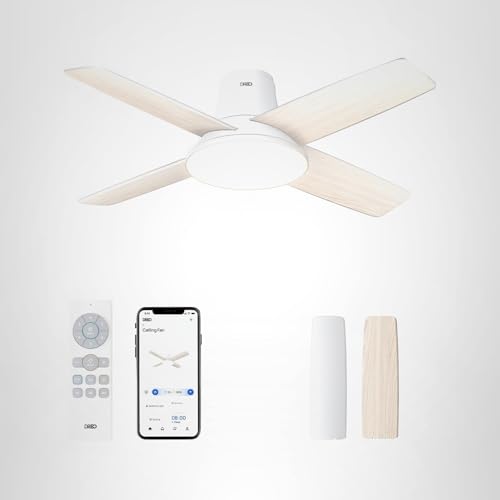 DREO Ceiling Fans with Lights, 12 Speeds & 3 Fan Modes, Quiet DC Motor, Low Profile Easy to Install, Flush Mount Smart Ceiling Fan with Dimmable LED, 12H Timer for Bedroom, Remote, White, 44''
