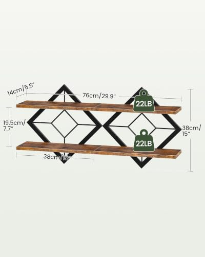 Diamond-Shaped Floating Wall Shelves Set of 2 - Rustic Brown & Black