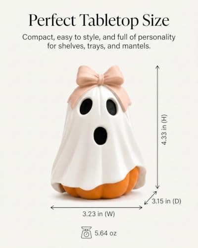 GoGnome Halloween Ghost Pumpkin Figurine - Pink Bow White Resin Fall Decor