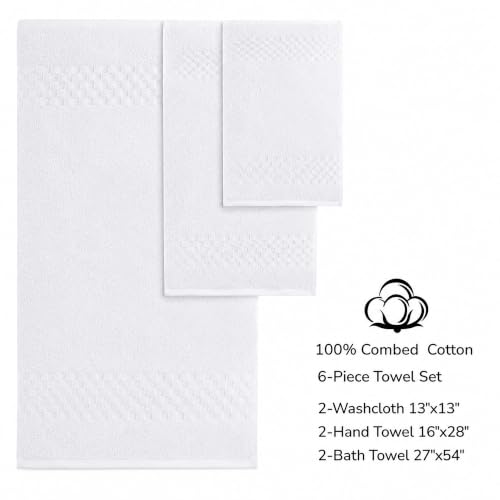 Luxury Cotton Bath Towel Set of 6 - Ultra Soft & Highly Absorbent, Quick Dry White