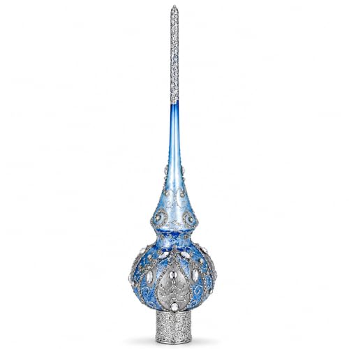 Ornate Blue Silver Glass Christmas Tree Topper with Hand-Painted Details