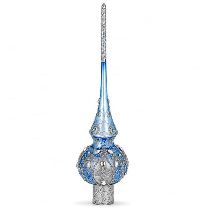 Ornate Blue Silver Glass Christmas Tree Topper with Hand-Painted Details