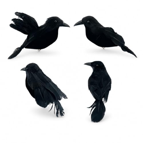 4 Pcs Realistic Black Crow Halloween Decor Clip-On Fake Feathered Props