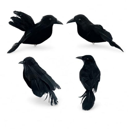 4 Pcs Realistic Black Crow Halloween Decor Clip-On Fake Feathered Props