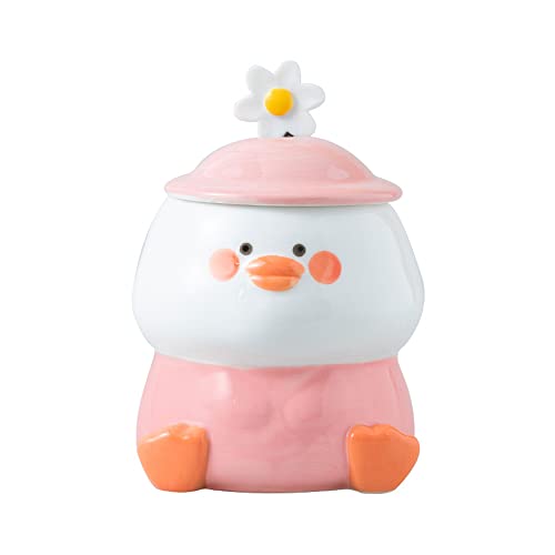 Pink Duck Coffee Mug with Hat Lid and Flower Spoon - Cute 3D Ceramic Drinkware