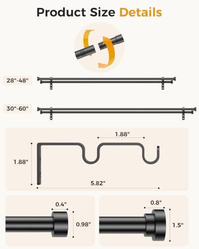 Poskena Double Curtain Rod for Windows 28-48 Inches Black - Adjustable 5/8 Inch Diameter, Pack of 1