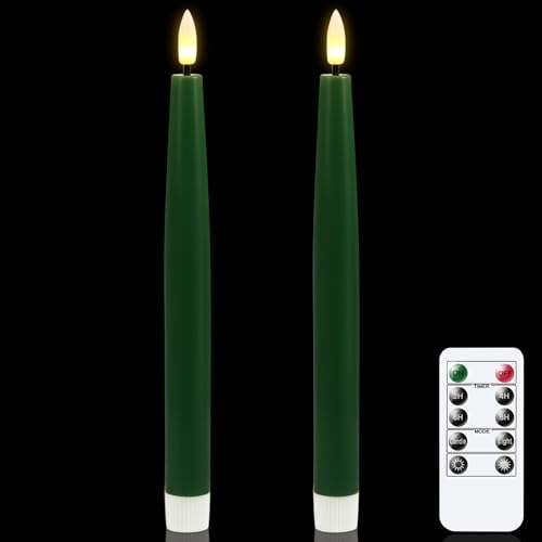 Flameless LED Taper Candles with Remote Timer - Real Wax Look, 9.84 Inches, Christmas Green, Set of 2