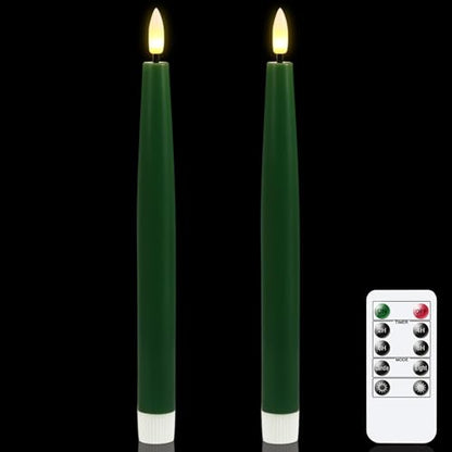 Flameless LED Taper Candles with Remote Timer - Real Wax Look, 9.84 Inches, Christmas Green, Set of 2