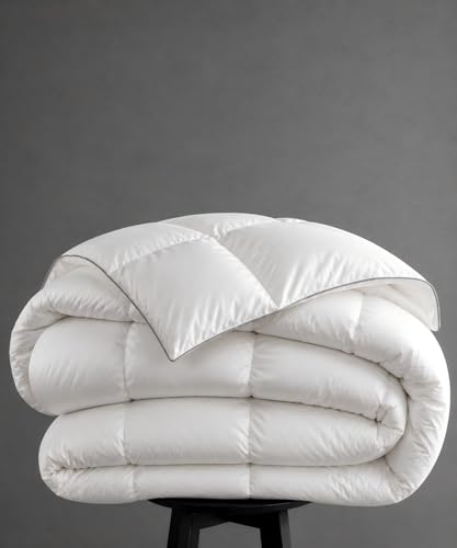 Queen Size Goose Down Fiber Comforter - All Season White Duvet with Cotton Shell, Medium Warmth