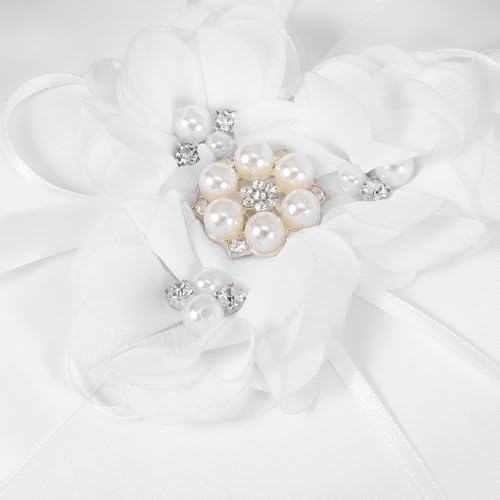 Wedding Ring Pillow 20x20cm with Pearl Flower Ribbon for Bridal Ceremony