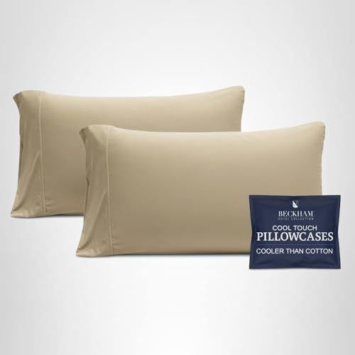Beckham Hotel Collection Cooling Pillowcases for Hot Sleepers, Standard/Queen Size Set of 2, Cool Bedding, Envelope Closure, Silky Soft, Breathable, Moisture-Wicking, Sand