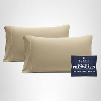 Beckham Hotel Collection Cooling Pillowcases for Hot Sleepers, Standard/Queen Size Set of 2, Cool Bedding, Envelope Closure, Silky Soft, Breathable, Moisture-Wicking, Sand