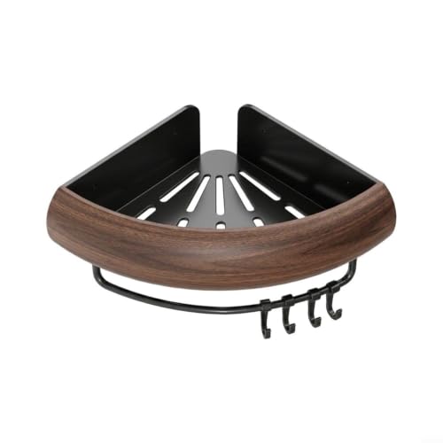 Aluminum Corner Bathroom Shelf with Walnut Finish Wall Mount Storage