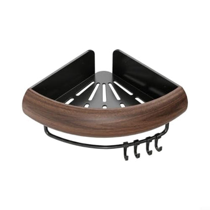 Aluminum Corner Bathroom Shelf with Walnut Finish Wall Mount Storage