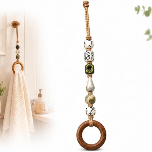 Green Beaded Towel Hanger with Wooden Ring - Boho Decor, 1pc