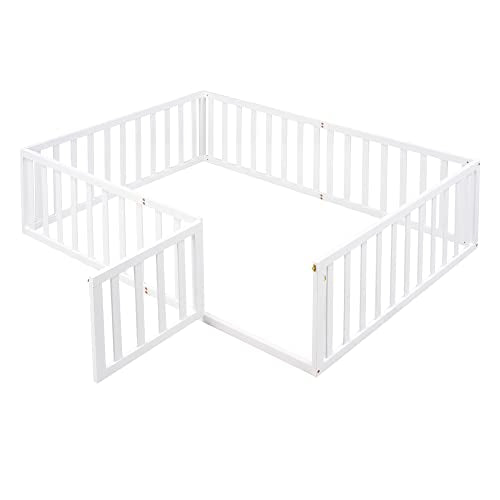 Full Size Montessori Floor Bed with Rails & Small Door - White, Pine