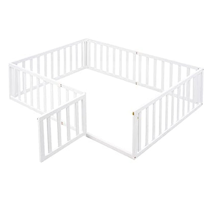 Full Size Montessori Floor Bed with Rails & Small Door - White, Pine