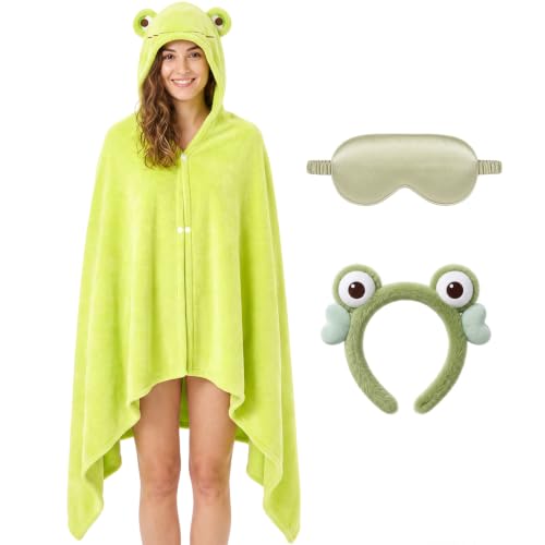 Frog Hooded Blanket Set with Headband and Sleep Mask - Cozy Green Loungewear