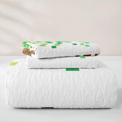 Pixelated Theme Quilt Bedding Set Full Brown Green Geometric Patchwork Kids Bedspread