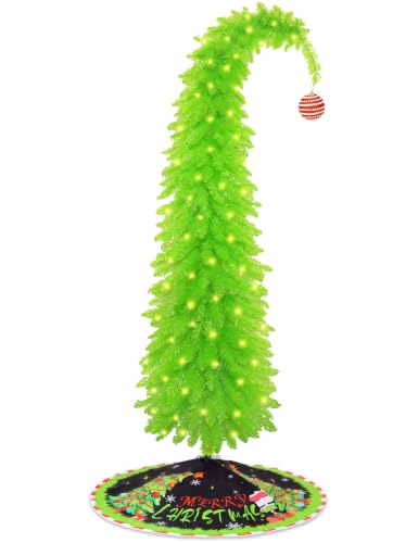 6FT Lime Green Christmas Tree with Whimsical Design, Tree Skirt & Red Ornament Set