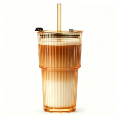 Amber Ribbed Glass Iced Coffee Cup 20oz with Leak-Proof Lid & Straw - Set