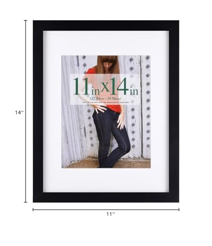 RPJC 11x14 inch Picture Frame Made of Solid Wood and High Definition Glass Display Pictures 8x10 with Mat or 11x14 Without Mat for Table Top Display and Wall Mounting Photo Frame with Stand Black
