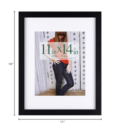 RPJC 11x14 inch Picture Frame Made of Solid Wood and High Definition Glass Display Pictures 8x10 with Mat or 11x14 Without Mat for Table Top Display and Wall Mounting Photo Frame with Stand Black