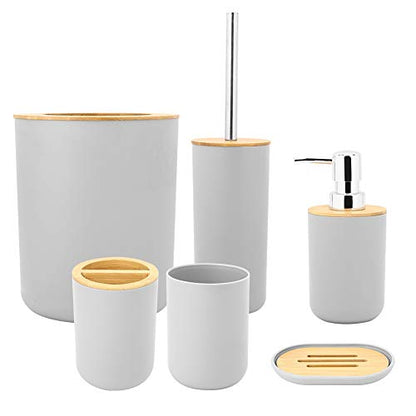 Gray 6-Piece Bathroom Accessories Set with Soap Dish Toothbrush Holder Rinse Cup Lotion Bottle Trash Can Toilet Brush
