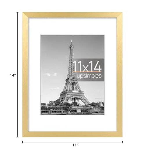 upsimples 11x14 Picture Frame, Display Pictures 8x10 with Mat or 11x14 Without Mat, Wall Hanging Photo Frame, Gold, 1 Pack