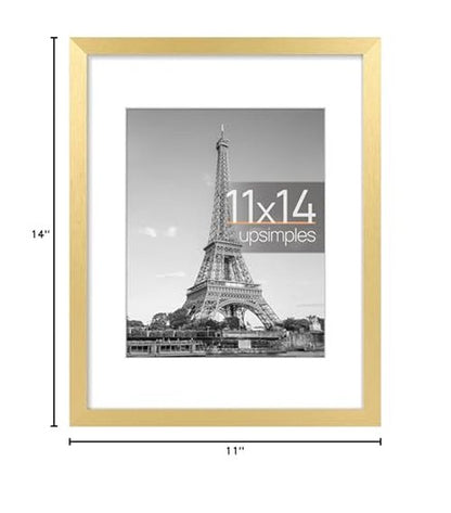 upsimples 11x14 Picture Frame, Display Pictures 8x10 with Mat or 11x14 Without Mat, Wall Hanging Photo Frame, Gold, 1 Pack