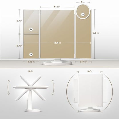 White Lighted Makeup Mirror with LED Lights, Trifold Vanity with 1X/2X/3X/10X Magnification, Touch Control, Portable Travel Cosmetic Mirror
