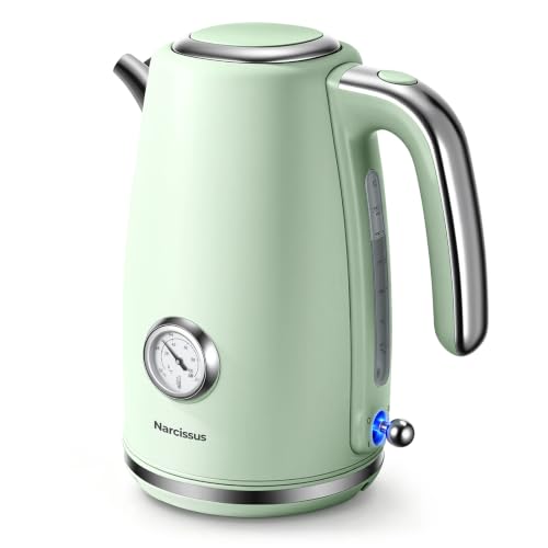 Electric Kettle 1.7L Retro Green Fast Boil with Thermometer & Water Level Window