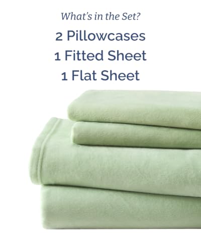 Queen Fleece Sheets Set - 4-Piece Flannel Bedding in Sage Green - Cozy & Deep Pocket
