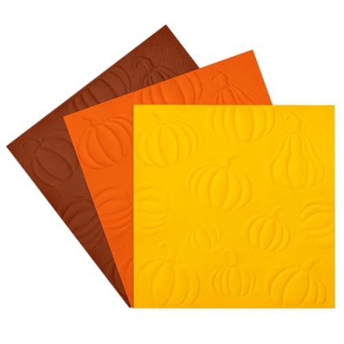 Fall Embossed Pumpkin Paper Napkins for Thanksgiving Harvest Tableware - 120 Pack, Orange, Yellow, Brown