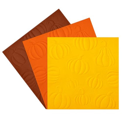 Fall Embossed Pumpkin Paper Napkins for Thanksgiving Harvest Tableware - 120 Pack, Orange, Yellow, Brown