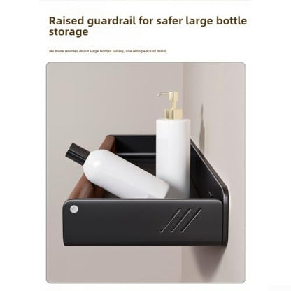 35cm Rotating Suction Wall Shelf for Kitchen and Bathroom - Natural Walnut & Aluminum