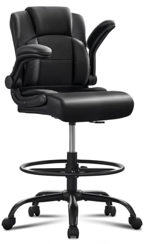 KWKSV Tall Office Drafting Chair with Flip-Up Armrests - Black