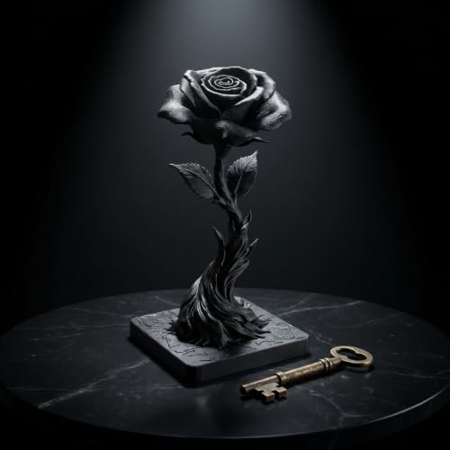 Gothic Black Resin Rose Sculpture with Skeleton Key - Dark Home Decor