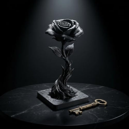 Gothic Black Resin Rose Sculpture with Skeleton Key - Dark Home Decor